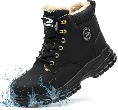 Botas de Seguridad para Hombre Mujer Invierno Impermeable Ligeras Zapatos de Seguridad con Punta de Acero Antideslizante Calentar Cómodas Botas de Trabajo, Negro, 40EU