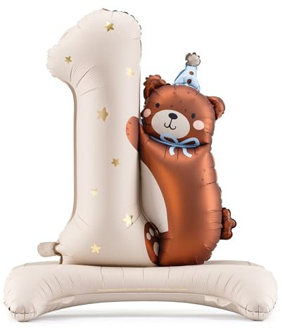 Ballons gonflables pour 1er anniversaire avec ours en peluche PartyDeco numéro 1 - Ballon en aluminium pour 1er anniversaire - Couleurs pastel