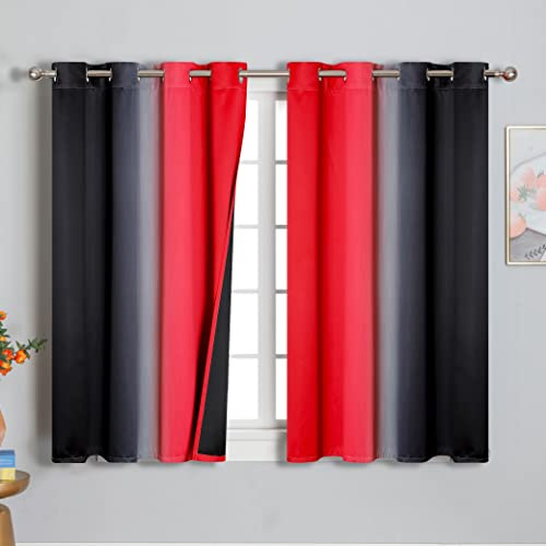 VEHEDE Ombre Blackout Kitchen Curtains 54 Inch Drop with Eyelet, Gradient Thermal Insulated Drapes for Living Room, Soundproof Curtains for Bedroom, W52 x L54 Inch, Red and Black, 2 Pieces