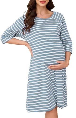 Vlazom Chemise de Nuit Maternité Femme Allaitement Coton Nuisette Grossesse Manches Longues Boutonnée Confortable，Striscia Blu Chiaro，S