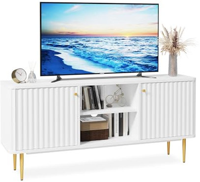 MROJISC TV-Schrank-Fernsehschrank Holz Fernsehtisch mit 2 Türen Lowboard für Fernseher TV-Regal für Wohnzimmer, Esszimmer, Schlafzimmer, Moderne Stil,Weiß