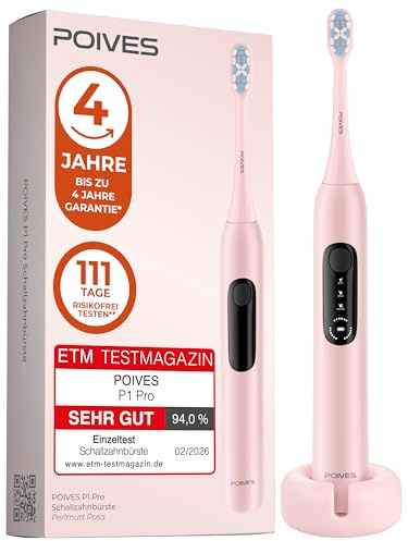 Schallzahnbürste POIVES P1 Pro - Bestnote SEHR GUT, Drucksensor schützt Zähne & Zahnfleisch, 4 Jahre Garantie, 111 Tage Risikofrei testen, Ultraschall Elektrische Zahnbürste, Perlmutt Rosa