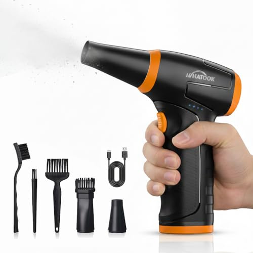 WHATOOK Soplador de Aire Polvo Eléctrico PC Luz LED, 3 Velocidades 150000RPM Mini Comprimido Limpieza Air Duster Potente Batería de 8000mAh, USB Recargable Soplador de Aire para Teclado, Coche, Sofá