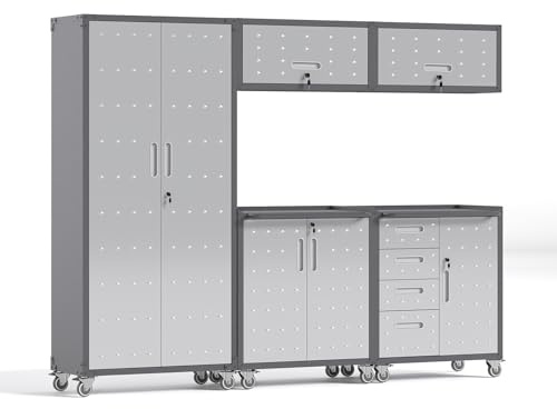 FLIXELIO Garage Storage Cabinets System 5 PCS Workshop Set with Drawers Locking Heavy Duty Rolling Cart with Adjustable Shelves Garage Tool Workbench Cabinets (5 PCS-1)