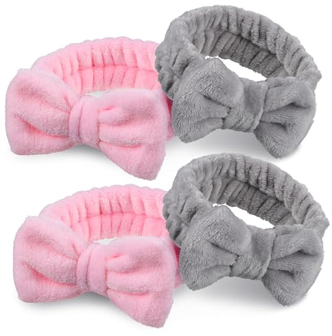 DEARMAMY Lot de 4 Bandeaux de Spa pour Visage, Bandeaux de Soin Peau Femme Taille Unique, Tissu Extensible Doux, Couleur Gris et Rose, pour Maquillage, Bain et Sport