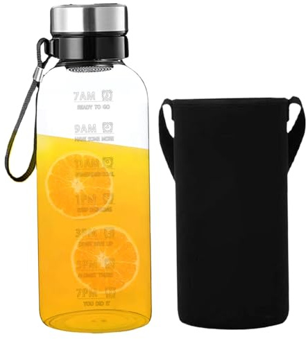 Bouteille d'eau avec marqueur temporel 2l bouteilles d'eau en verre clear borosilicate borosilicate avec lanière, manche et filtre amovible Filtre à laver à lave-vaisselle la maison, bureau, boisso