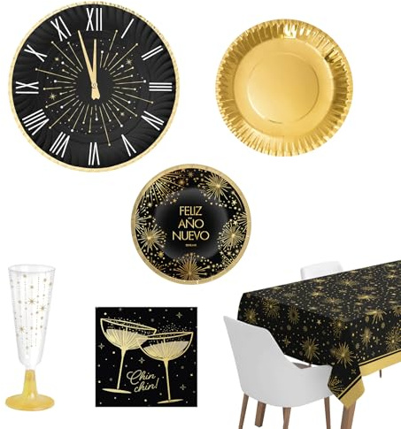 OH YEAH - Kit Vajilla Desechable 12 Personas Nochevieja - 78 Piezas - Negro y Oro - Platos, Vasos y Servilletas Fin de Año - Decoración Mesa Festivas Happy New Year - Detalles Dorados Metalizados
