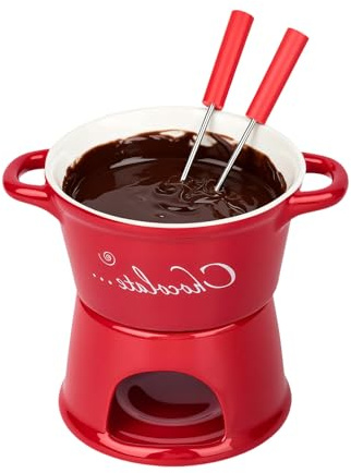 Ceramic Chocolate Fondue Mug - Melting Butter Pot with Fork, Cheese Warmer Cup, Butter Fondue Heated (NO Candle,red T)