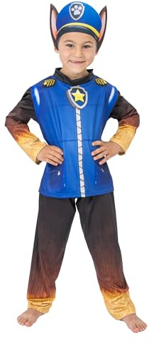 Chaks - Costume Chase pour enfants, tenue officielle Pat’ Patrouille, ensemble 3 pièces avec bandeau, t-shirt et pantalon pour carnaval, Bleu