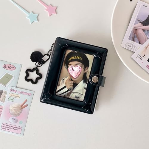 MSLSOZ Photocard Holder, 40 Pockets 3×2 inch Mini Photo Album with Stars Charm, Black Kpop Photocard Binder for Music Lover, Suitable for Photocard & Polaroid photos (My Star)