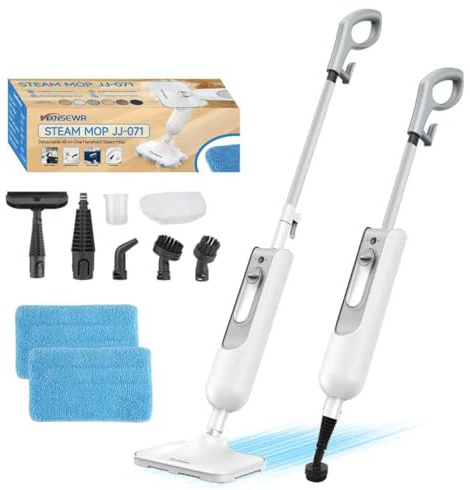 Mxnsewr Steam Mop All-in-one Multi-Functional Powerful Steam Cleaner, Handheld Detachable Floor Steamer with 2 Steam Level, 380ML Water Tank & 23FT Power Cord for Whole Home Use（White