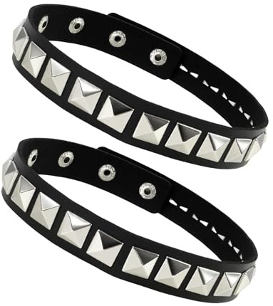 Sylalxeba Set di 2 collane con borchie in pelle sintetica compatibili con Punk, Gothic, Rock, borchie quadrate, colore: nero – accessorio regolabile per polso e collo