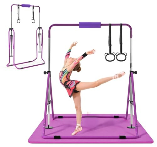 VEVOR Barra de Gimnasia Plegable Capacidad de 63,5 kg con Colchoneta, Barra Horizontal con Altura Ajustable de 5 Niveles 914 a 1321 mm, Equipo de Entrenamiento en Casa, Estructura Estable, Morado