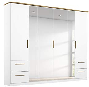 Rauch Möbel Carlsson Schrank Drehtürenschrank in Weiß, Griffe/Füße Eiche Massiv, 6-türig mit Spiegel und 4 Schubladen, inkl. Zubehörpaket Basic 3 Kleiderstangen, 3 Einlegeböden, BxHxT 226x212x58 cm