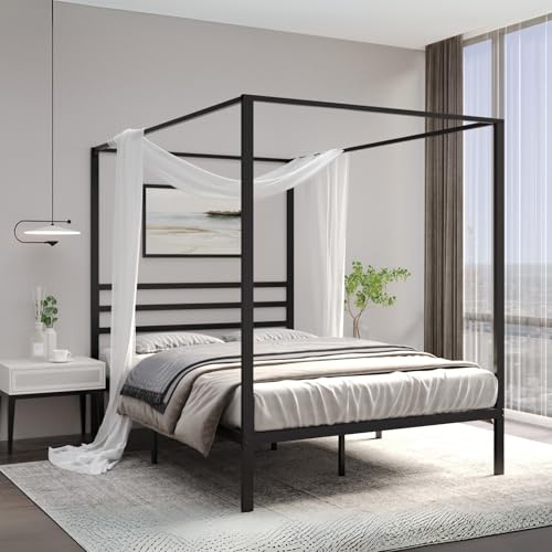 AMBEE21 Golden Gate Beds Canopy Metal Bed Frame with Headboard – Wrought Iron Platform Design, Sturdy Slatted Base, No Box Spring Needed, Underbed Storage Space – Full, Black