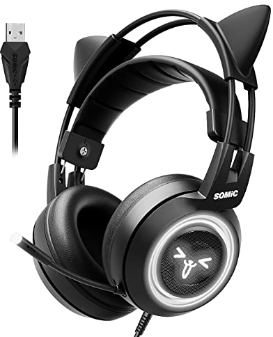 Somic Casque de Jeu Cat avec Virtual 7.1 et lumière LED, Son Surround, Casque avec Micro antibruit pour Ordinateur, PS4, Ordinateur Portable, Noir (Prise USB)