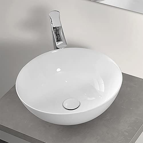 Inbagno Lavabo da appoggio Ovale 40 cm, Design Moderno in Ceramica con Superficie Antibatterica (Bianco Lucido)