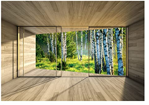 WallArena - Vlies Fototapete Fenster mit Aussicht Natur Wald Birkenwald 368x254 cm - Fototapeten - Tapeten - für Wohnzimmer Schlafzimmer - Vliestapete Wandtapete Tapete 3D Effekt- inkl. Kleister
