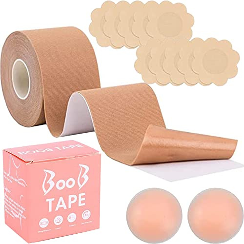 CTDMJ Bande Poitrine, Soutien-Gorge adhésif Push Up Grand Boob Tape, Breast Boob Tape, Bande Serrage Poitrine avec 5 Paires Cache-tétons et 1 Paire dsilicone réutilisable pour Robe Dos Nu (5M X 5cm)
