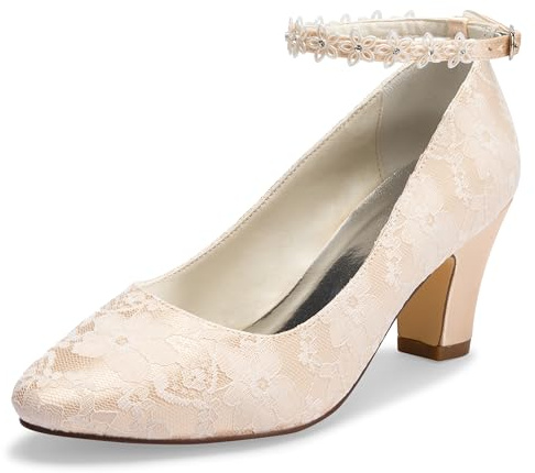 JIAJIA 62311A Women's Bridal Shoes Closed Toe 2.8 Chunky Heel Lace Satin Pumps Satin Flower Wedding Shoes Colour Champagne,Size 3 UK/36 EU