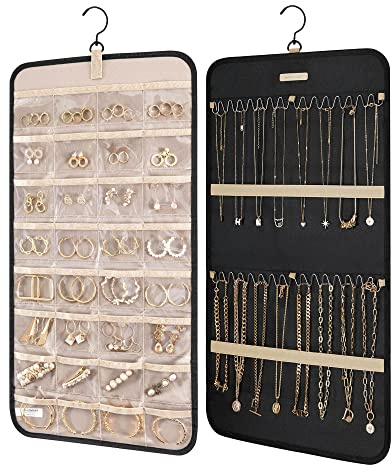 bagsmart Dual-sided Jewelry Organizer Hanging with Metal Hooks,32 Pockets and 3 Wave-Shaped Hooks,Jewelry Roll for Earrings,Necklaces,Rings on Closet,Wall,Door,1 piece, Large,Black