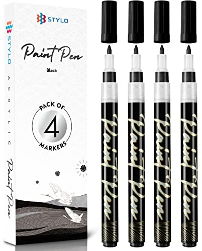 Stylo Black Acrylic Paint Pens, 4 Black Pens for Rock Art, Fine Tip | 0.7 mm Japanese nib, opaque black ink, pebbles, pale wood, ceramic, glass, canvas, air dry clay