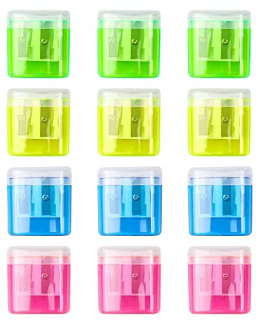 12 sacapuntas manual, sacapuntas doble con tapa de contenedor, sacapuntas coloridos para niños, estudiantes, escuela, hogar, suministros de oficina