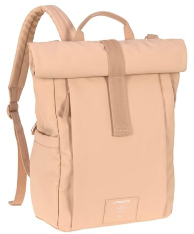 LÄSSIG Baby Wickelrucksack Wickeltasche Rucksack mit Wickelunterlage, Kinderwagenbefestigung, Flaschenhalter nachhaltig produziert/GRE Rolltop Up Backpack peach rose