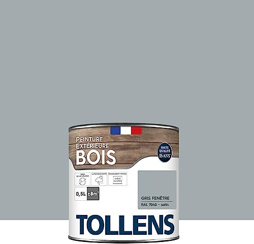 Tollens - Peinture extérieure bois 2 en 1 - Ultra Résistante - Finition Satin - Laque Riche en Résine - Pour Toute Boiserie Extérieure - Sans Sous-Couche - Gris Fenêtre - 0,5L = 8m2