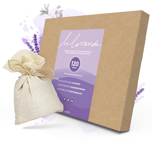 Lalavanda - 12 Lavendelsäckchen aus Baumwolle, 120g Lavendelblüten, Effektiver Mottenschutz für Kleiderschränke mit lang anhaltender Frische und Staubschutz