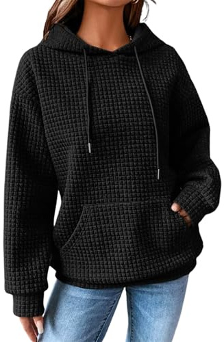 Zeagoo huvtröja dam oversize huvtröja casual våffeltröja långärmad tröja vinter huvtröja topp med ficka S–XXL, svart, L