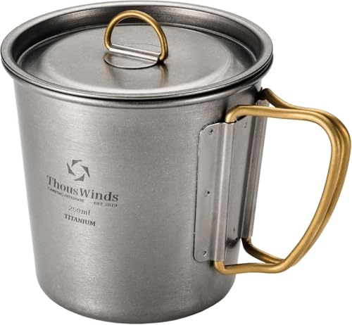 Thous Winds Titanium Mug, 250ml Camping Coffee Mug Water Cup with Foldable Handle Outdoor Cup for Backpacking Hiking Cooking