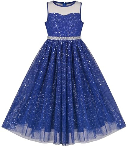 Sunny Fashion Robe Fille Bleu Sequin Partie Reconstitution Historique Mariage Demoiselle d'honneur Maxi Robe Danse 12 Ans