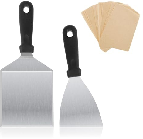 2Pcs Espátula Profesional para Parrilla Espátula Plancha de Acero Inoxidable con 50 Hojas de Papel para Hamburguesas, Espatula Plana, Cocina Utensilios Accesorio para Barbacoas, Bistec, Pizza