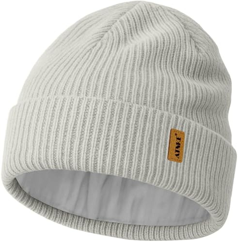 ATNKE Unisex stickad mössa hatt, stretch tjock varm fleece fodrad alla dagar vinter mjuk med ull dödskalle mössa presenter till herr pappa och kvinnor, Ljusgrå, one size