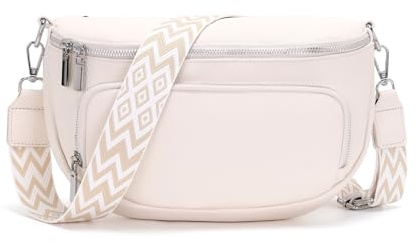 Boadlol Marsupio Grande Donna Cotone Borsa a Vita Crossbody Tracolla Regolabile Leggero Tasche Multiple Ideale per Uso Quotidiano e Viaggi beige bianco
