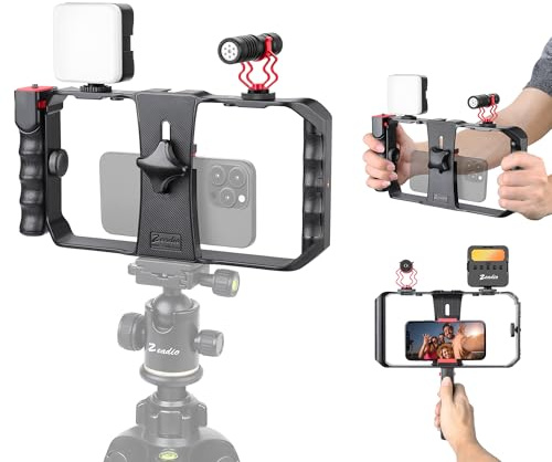 Zeadio Kit rig vidéo Smartphone Tout-en-Un, Cage réglable avec lumière vidéo RGB, Microphone Canon, stabilisateur vidéo Universel pour iPhone/Android, réalisation, vlogging, Youtube, TikTok, etc