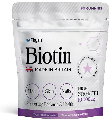 Physis British Biotin Gummies | 10,000mcg High Strength | Hair Skin Nails | Growth Booster | 60 x Gummies Mouth-Watering Watermelon | 1 Month | Growth Supplement | Radiance Health | Biotin Supplement