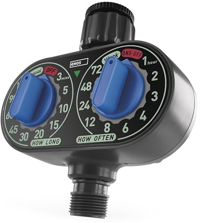 EMOS - mechanische Bewässerungsuhr mit 1 Ausgang - batteriebetriebene Bewässerungssteuerung bis 8bar, 35 l/min - manuell einstellbare Bewässerung 3-120min alle 1-72h - ideal für 1″ bzw. 3/4″-Gewinde