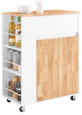 SoBuy Köksvagn på Hjul – Köksmöbel med Arbetsyta i Gummiträ, Fristående Köksenhet för Matbord och Kaffestation 70 x 40 x 90 cm Vit FKW132-WN