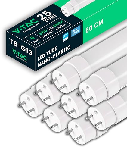 V-TAC 25 Tubi LED 60 CM attacco G13-9W - 850 Lumen - [ 25 PEZZI ] - Chip Samsung - Tubi LED per Soffitto, Parete, Garage, Negozio - Tubo forma T8 - Sostituzione Neon - Luce Fredda 6500K