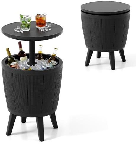 COSTWAY 2 in 1 Tavolino Frigo 38L da Esterno, Secchiello Ghiaccio Regolabile in Altezza 49 x 59-84H cm, Tavolo Bar con Tappo di Drenaggio, per Piscina, Cortile e Campeggio (Nero)