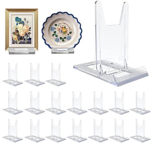 BJHYIZ 18 Stück Kunststoff Tellerständer, 11,2*10,5*6 cm Verstellbar Dekotellerhalter Transparente Telleraufsteller Bilderständer Acryl Ständer für Postkarten Bücher Elektronische CD