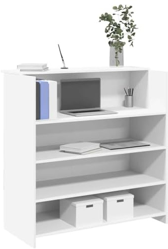 Runheo Bancone per ricevimento, in legno bianco, 100 x 50 x 103,5 cm, con spazio e ripiano, versatile bancone per ufficio e ricevimento, per studio e casa, salvaspazio e stabile