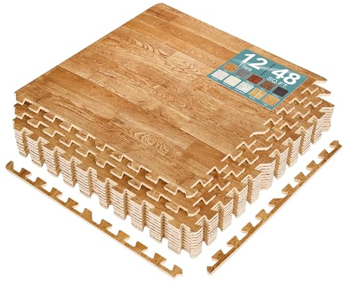 Sorbus 48 Sq. Ft. Wood Grain Floor Tiles Foam Mat EVA Interlocking Mats Tile 3/8-Inch Thick Flooring Wood Puzzle Exercise Mats w/Borders - Home Playroom Basement, Apartment, Trade Show, Baby, Dance