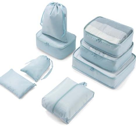 Meowoo Packing Cubes 8-Delat Set – Insatsväskor för Resa, Vattentäta Bagageorganisatörer Med Skopåse & Toalettväska, Lätta Packpåsar för Kläder (Himmelsblå)