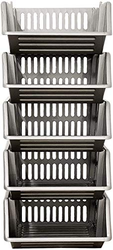 Large 5 Tier Stacking Baskets Storage Veg Rack Plastic Stackers, Black, Length 35.5 cm x Depth 30 cm x Height 17.5 cm (Grey)