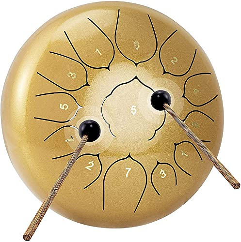 Coolmusic Steel Tongue Drum 12 Zoll 13 Töne, 30,5 cm, Zungentrommel Schlagzeug Anfänger, Handpantrommel mit Tasche, Musikbuch, Schlägel, Fingerplektren (Golden)
