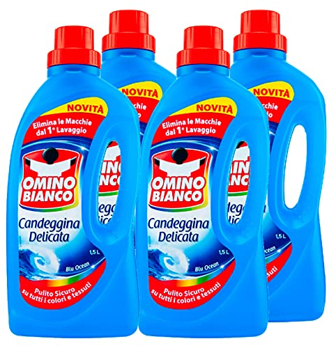 Omino Bianco - Lejía delicada, tecnología antiolores, acción higienizante y quitamanchas, esencia azul océano, 1500 ml x 4 botellas