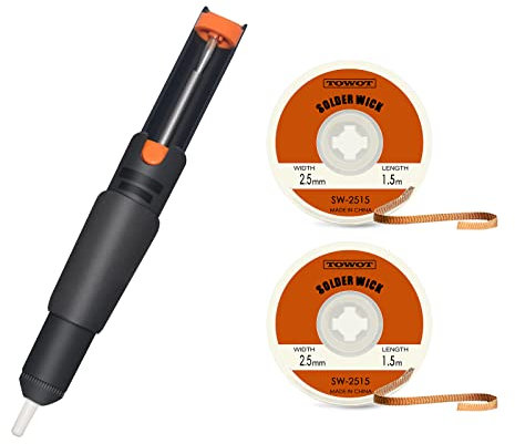 TOWOT Entlötpumpe & 2PCS Entlötdocht (Breite:2.5mm, Länge:1.5m) Zum Entfernen von Lötmittel und Zerlegen von elektrischen Komponenten, No-Clean Lötdochtgeflecht